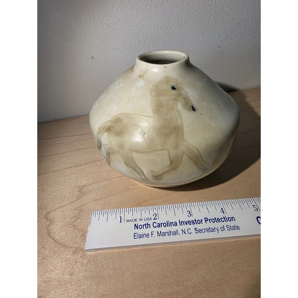Vintage Celia Cole Pottery Vase Hand-Painted Horse Motif Signed Sanford NC